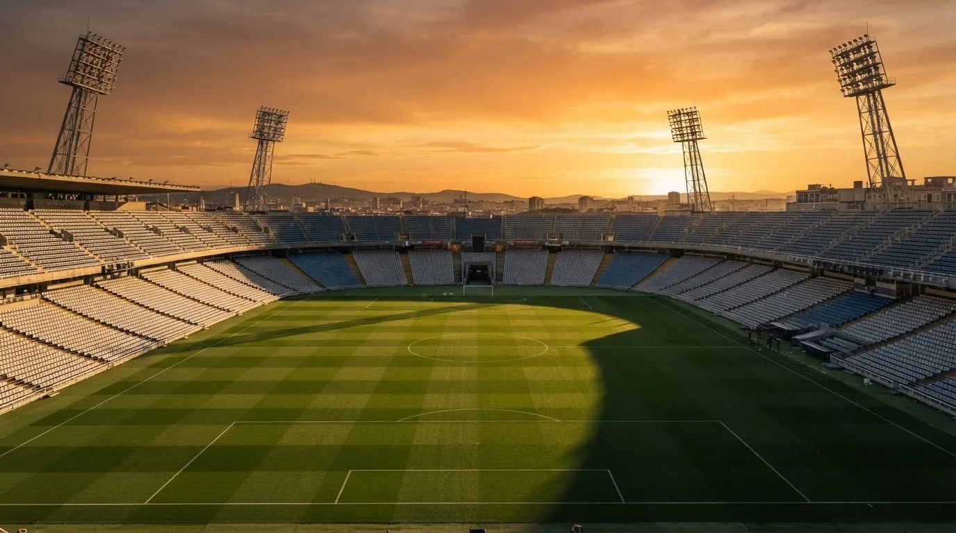Un estadio de fútbol vacío con torres de iluminación al atardecer