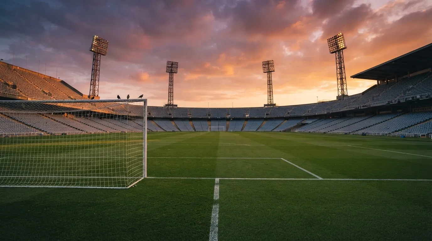 Un estadio de fútbol vacío con torres de iluminación al atardecer