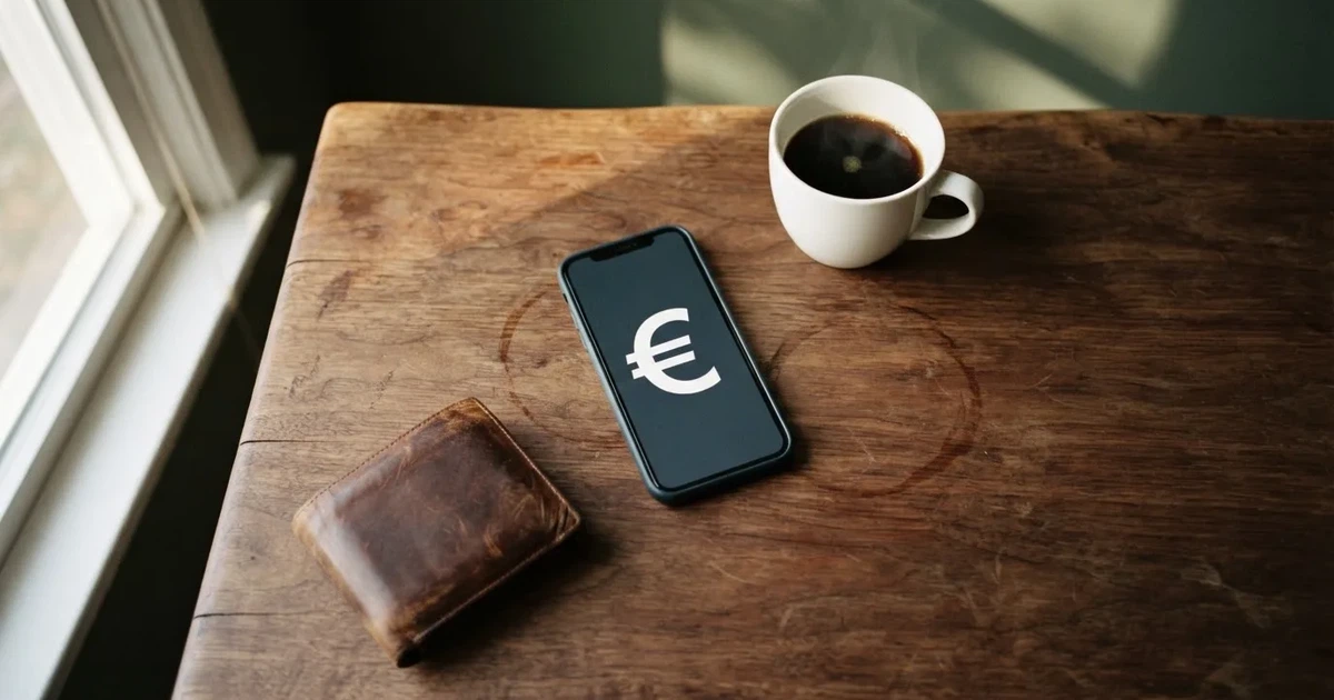 Un móvil sobre una mesa de madera junto a una cartera y una taza de café