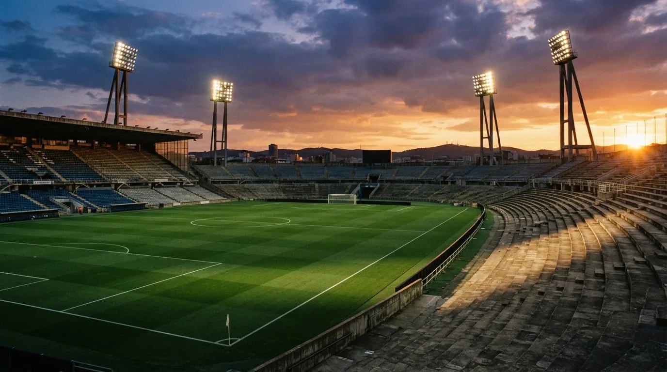 Un estadio de fútbol vacío con torres de iluminación al atardecer