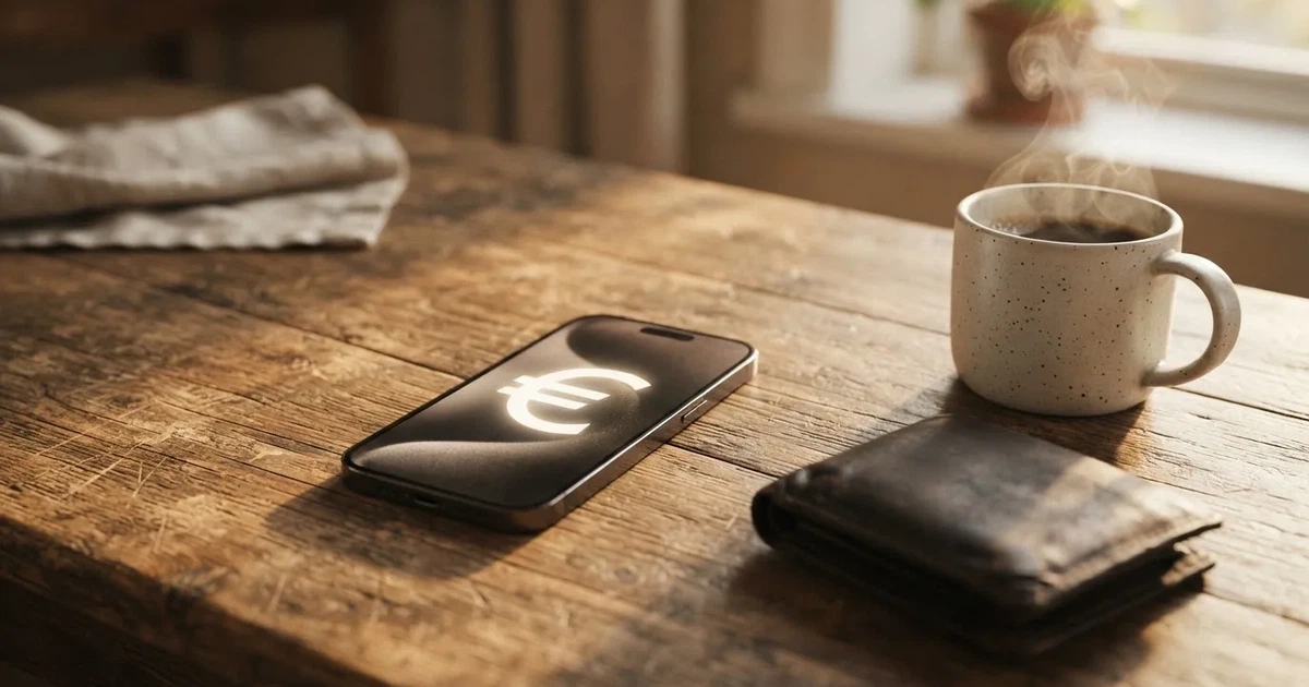 Un móvil sobre una mesa de madera junto a una cartera y una taza de café