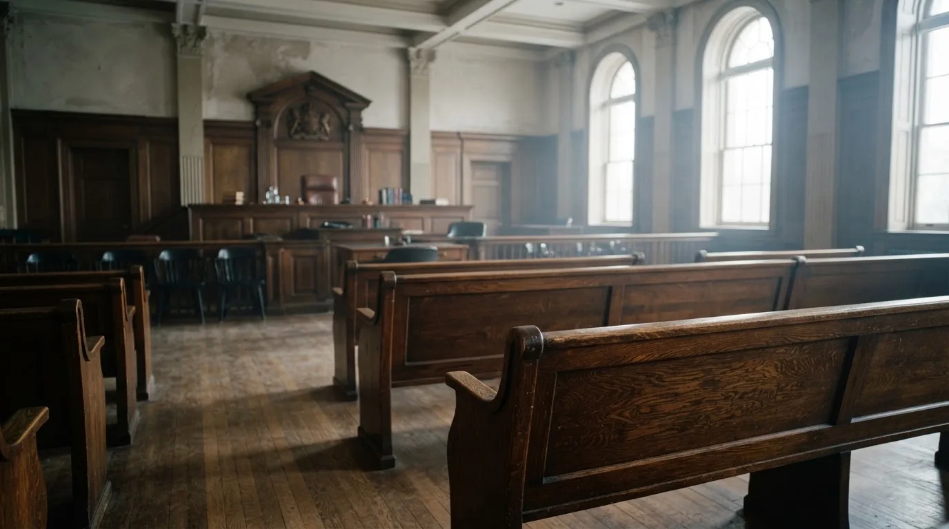 Una sala de tribunal vacía con bancos de madera a la luz de la mañana