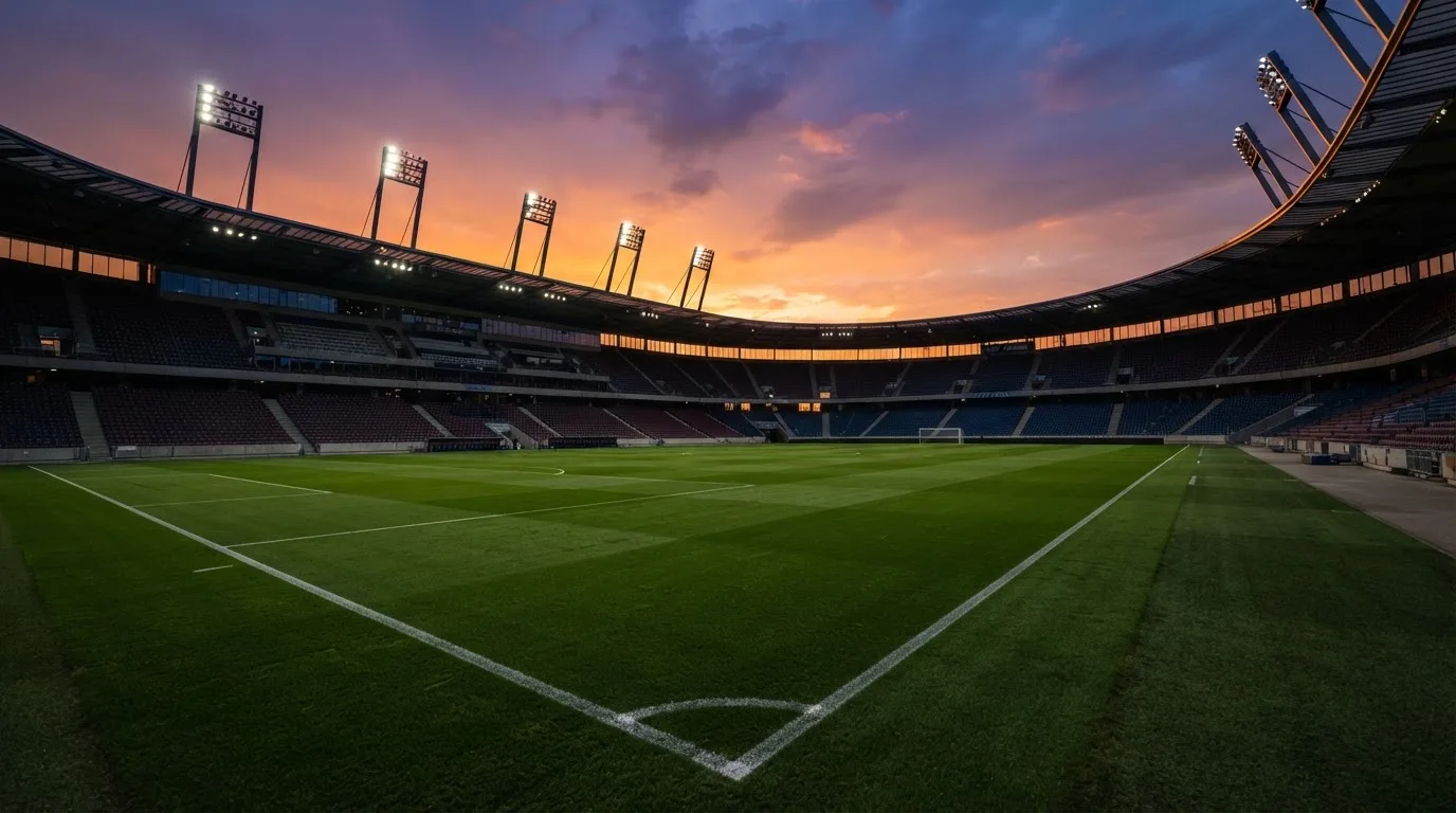 Un estadio de fútbol vacío con torres de iluminación al atardecer