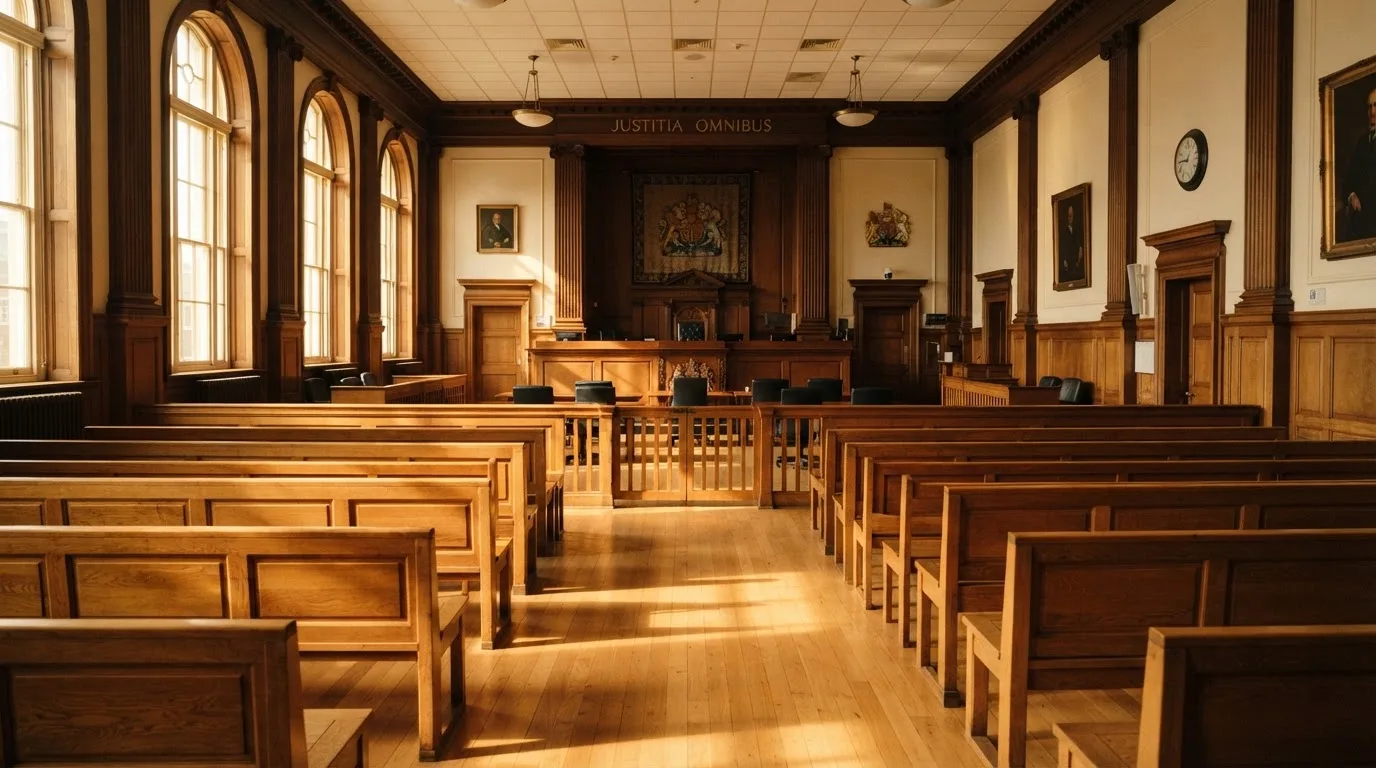 Una sala de tribunal vacía con bancos de madera a la luz de la mañana
