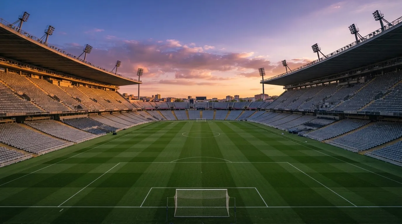 Un estadio de fútbol vacío con torres de iluminación al atardecer