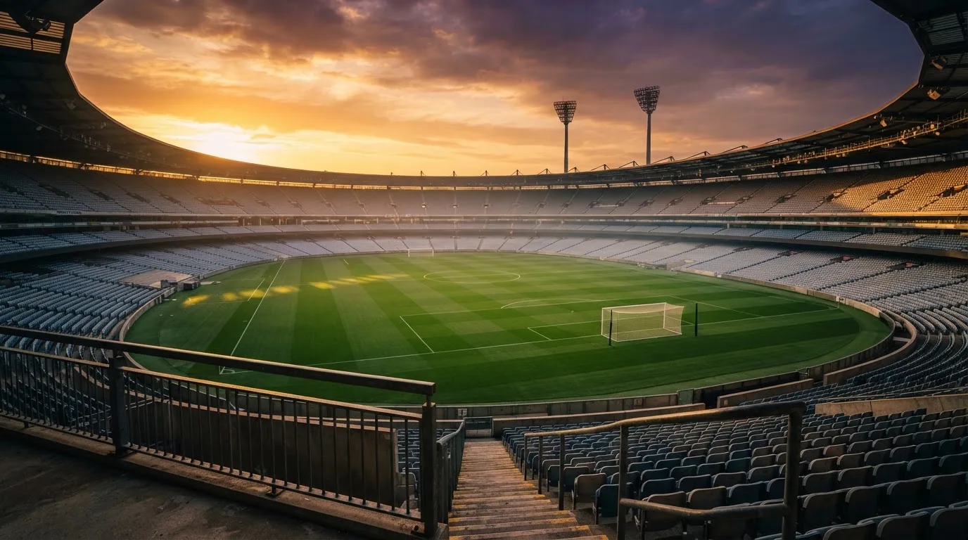 Un estadio de fútbol vacío con torres de iluminación al atardecer