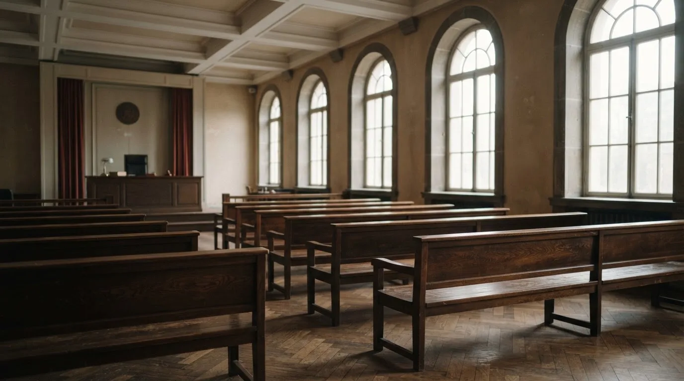 Una sala de tribunal vacía con bancos de madera a la luz de la mañana