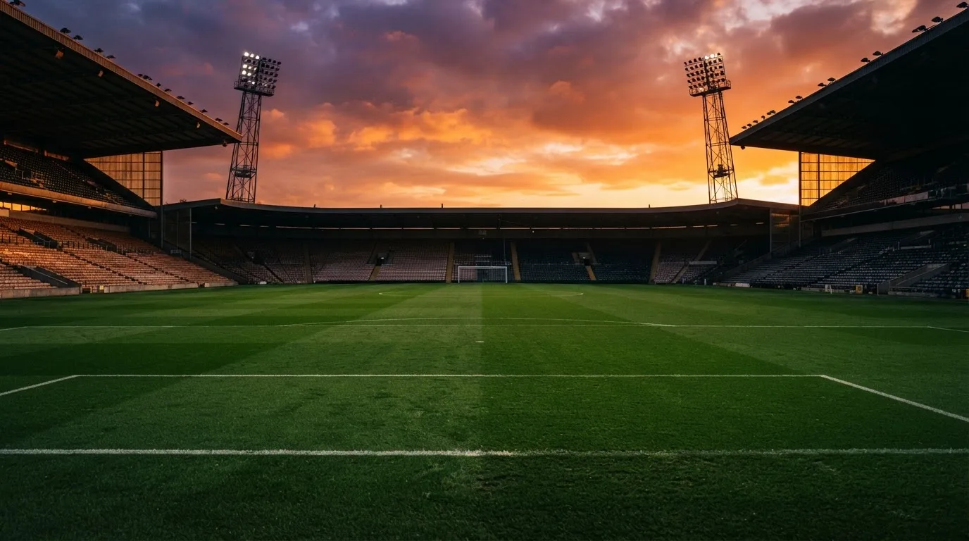 Un estadio de fútbol vacío con torres de iluminación al atardecer