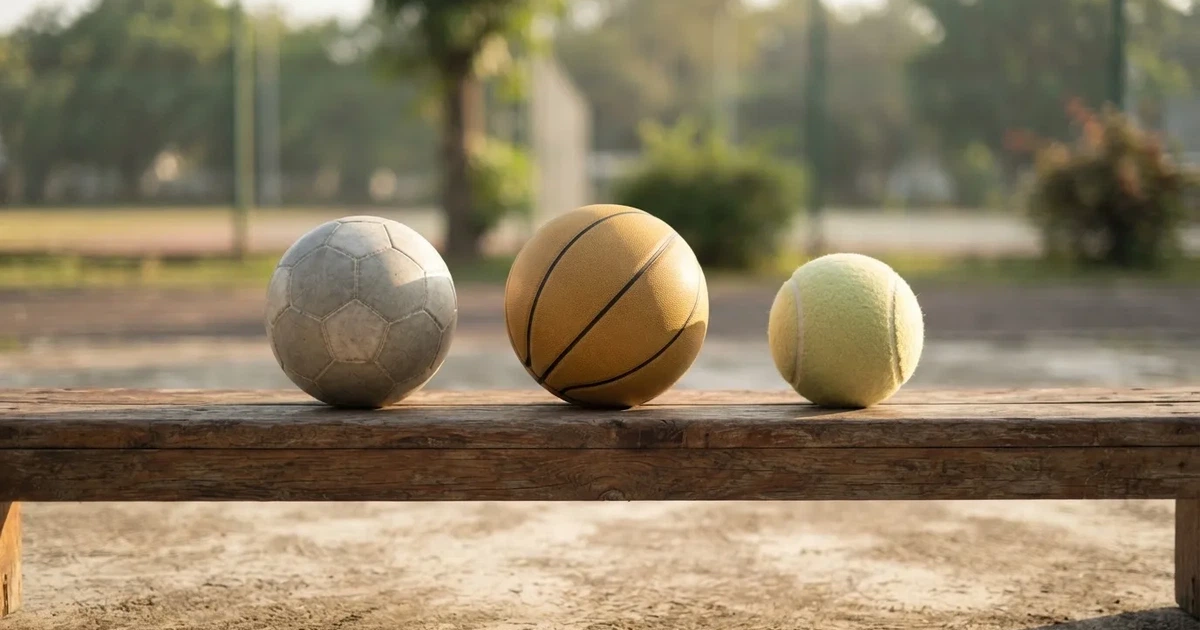 Tres balones de distintos tipos, uno junto a otro, sobre un banco de madera