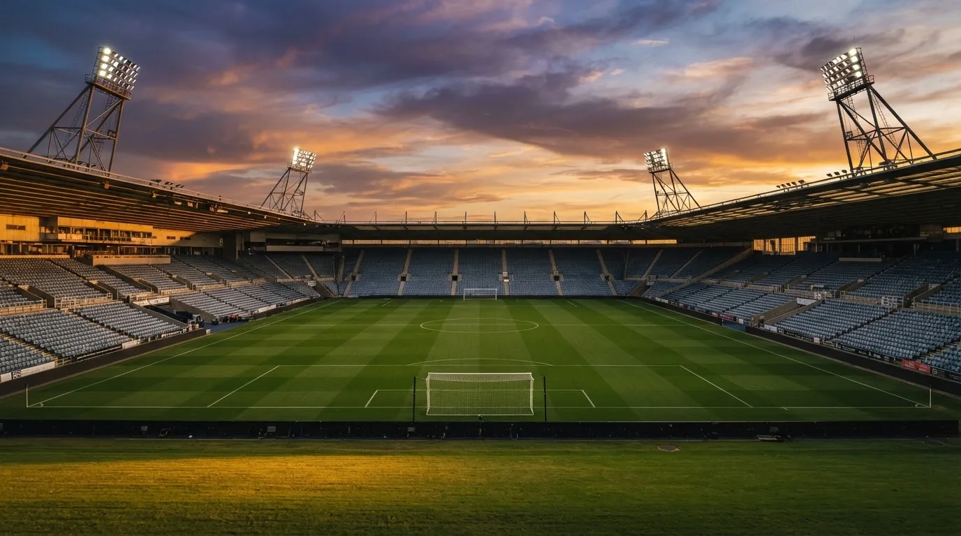 Un estadio de fútbol vacío con torres de iluminación al atardecer