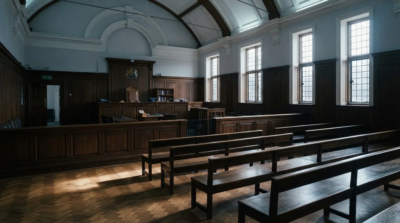 Una sala de tribunal vacía con bancos de madera a la luz de la mañana