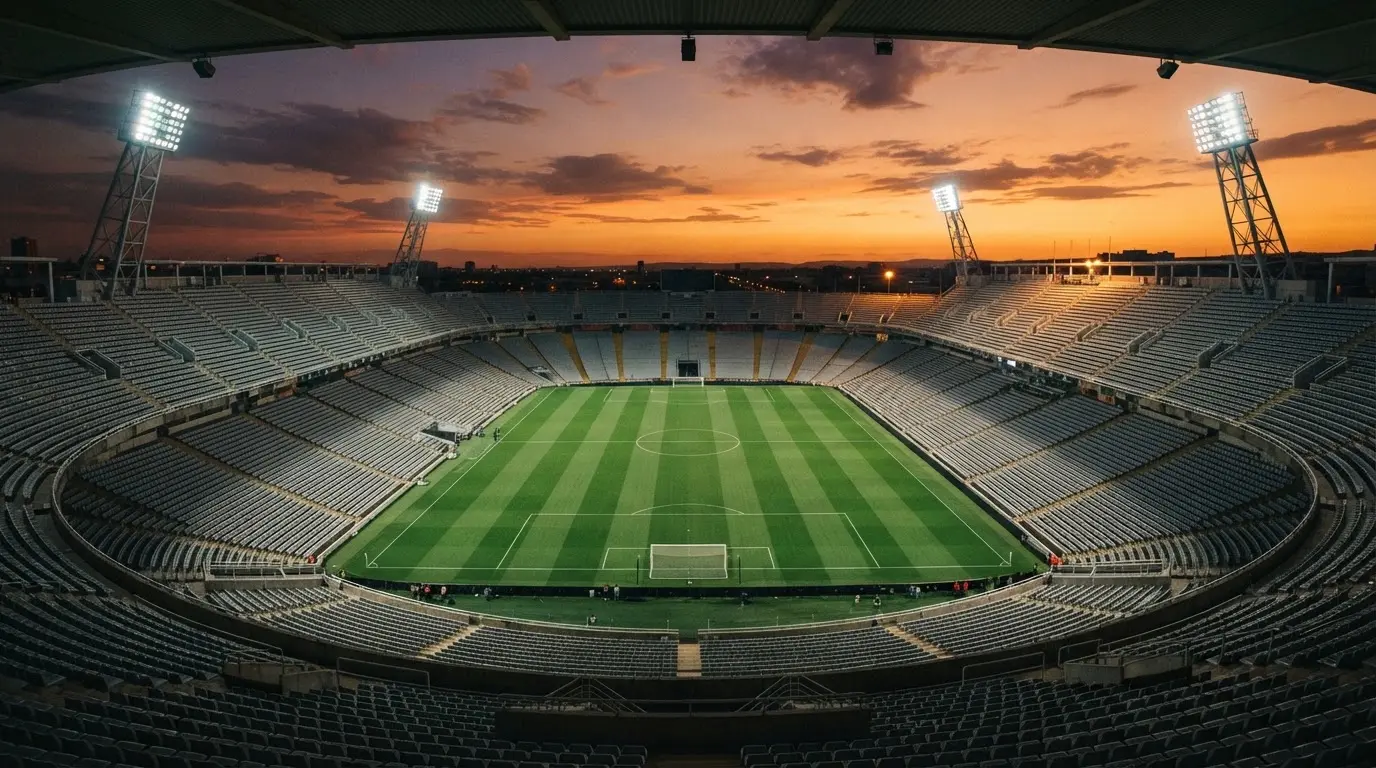 Un estadio de fútbol vacío con torres de iluminación al atardecer