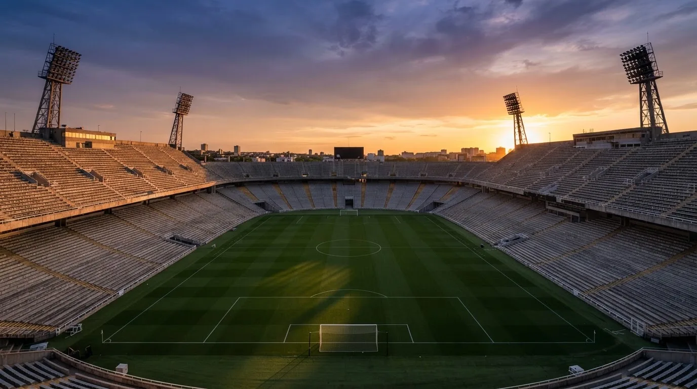 Un estadio de fútbol vacío con torres de iluminación al atardecer