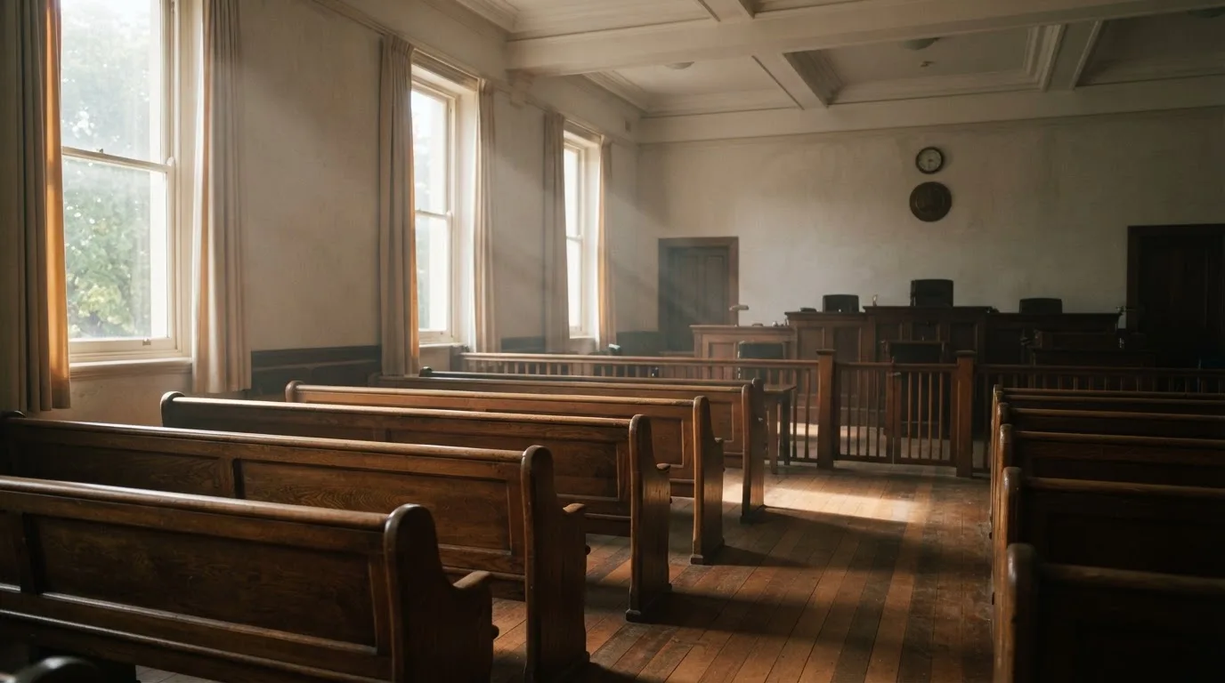 Una sala de tribunal vacía con bancos de madera a la luz de la mañana