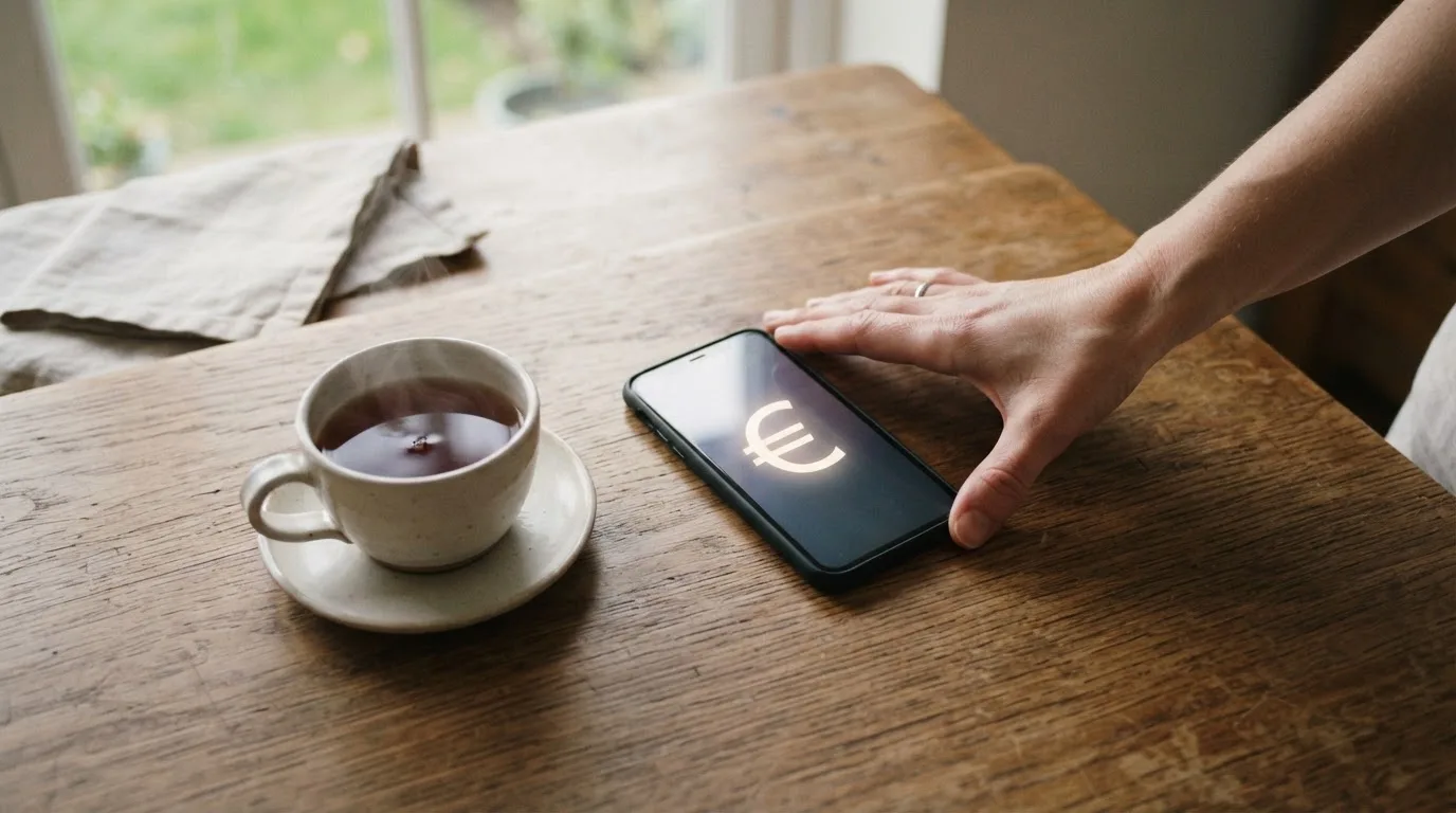 Una mano deja un móvil junto a una taza de té sobre la mesa de la cocina, una tarde tranquila