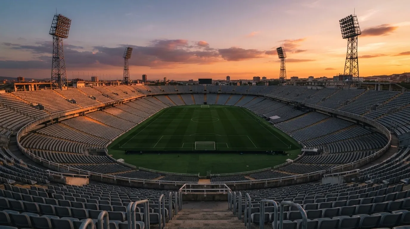Un estadio de fútbol vacío con torres de iluminación al atardecer