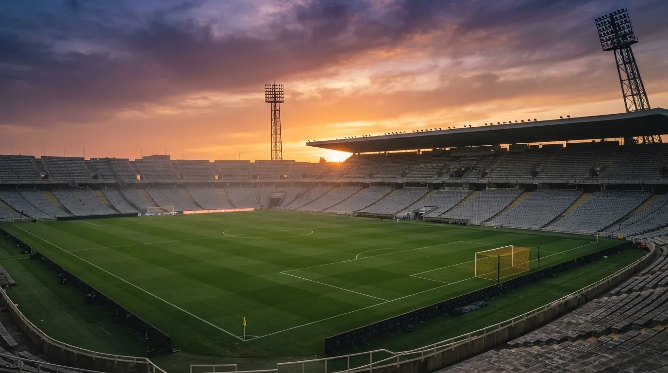 Un estadio de fútbol vacío con torres de iluminación al atardecer