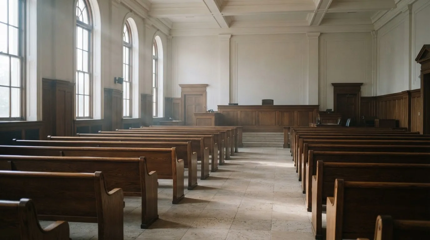 Una sala de tribunal vacía con bancos de madera a la luz de la mañana