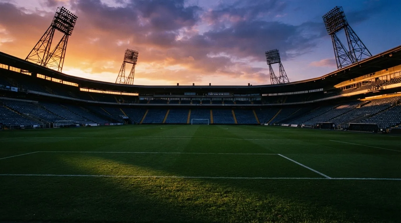 Un estadio de fútbol vacío con torres de iluminación al atardecer