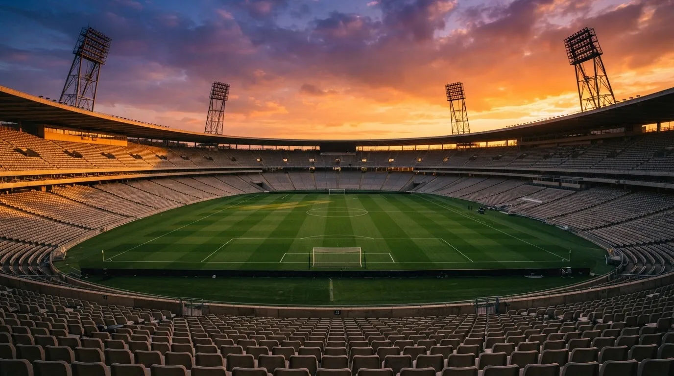 Un estadio de fútbol vacío con torres de iluminación al atardecer
