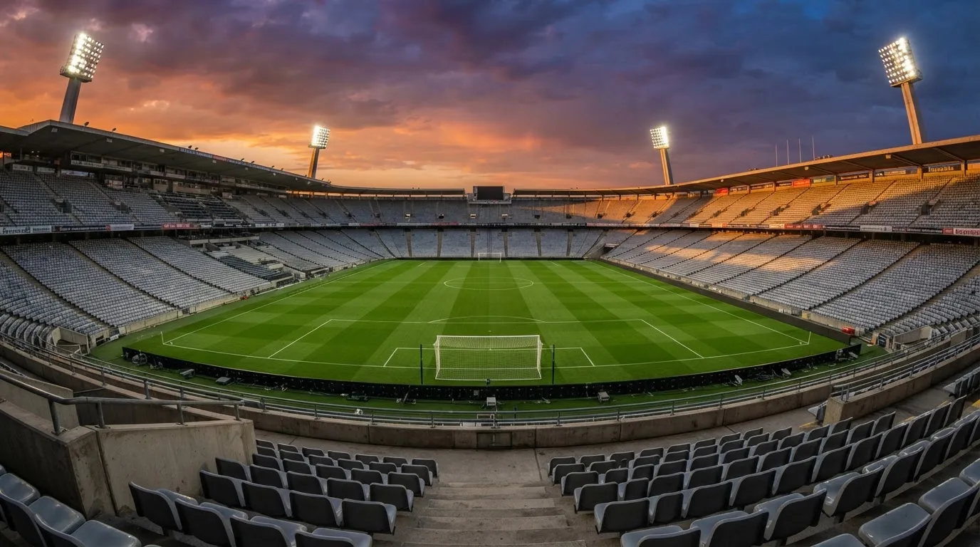 Un estadio de fútbol vacío con torres de iluminación al atardecer