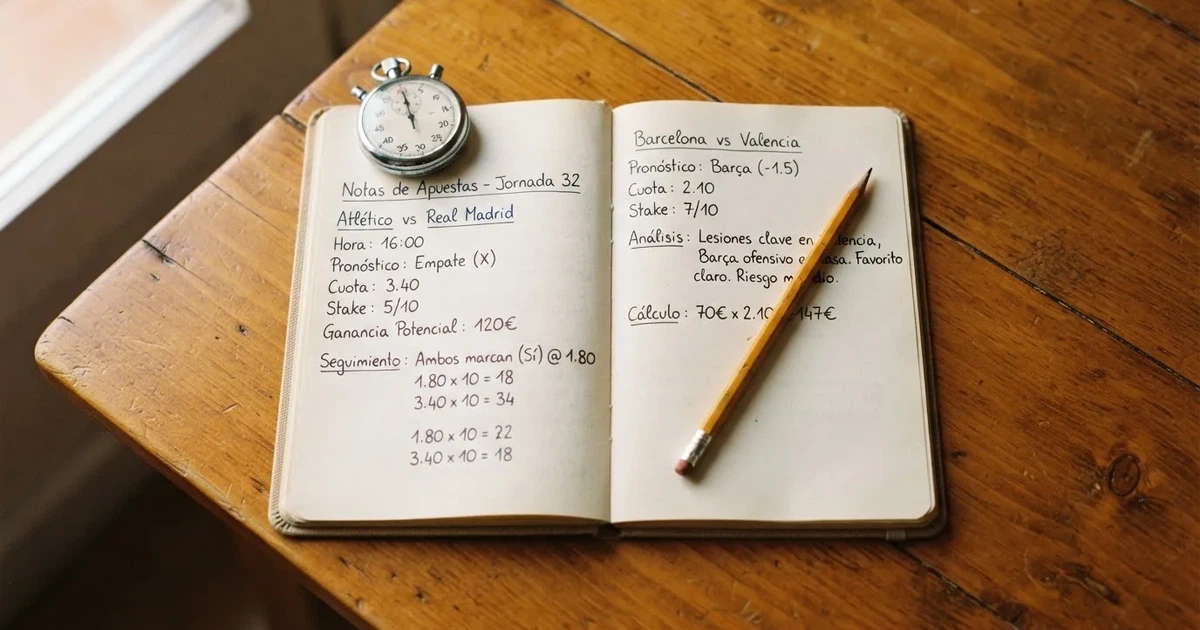 Un cuaderno abierto con un lápiz y un cronómetro sobre una mesa de madera