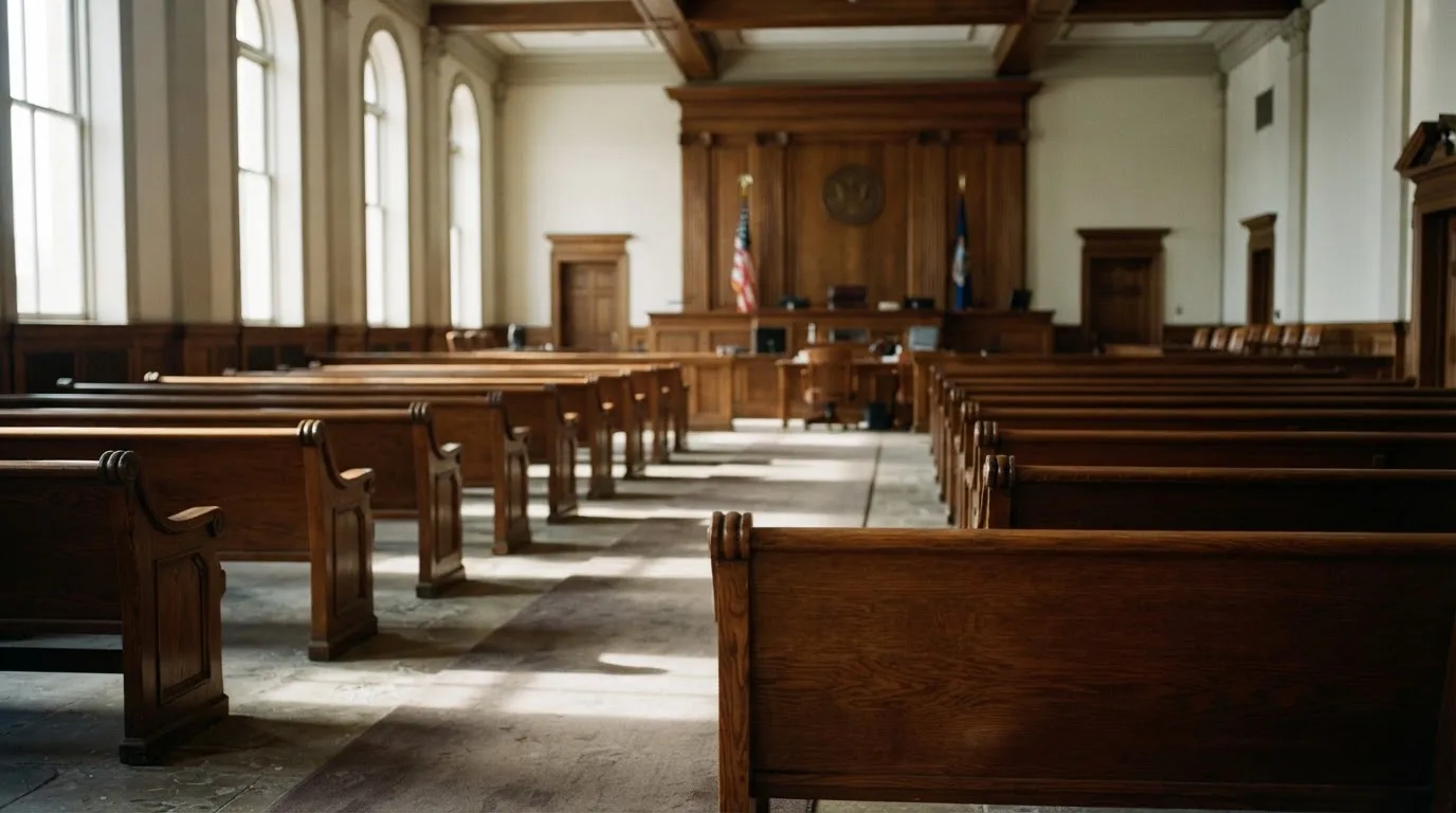 Una sala de tribunal vacía con bancos de madera a la luz de la mañana