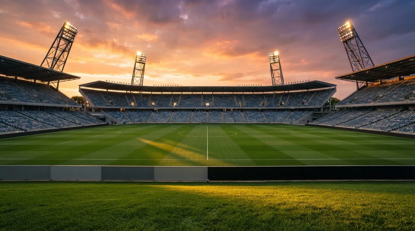 Un estadio de fútbol vacío con torres de iluminación al atardecer