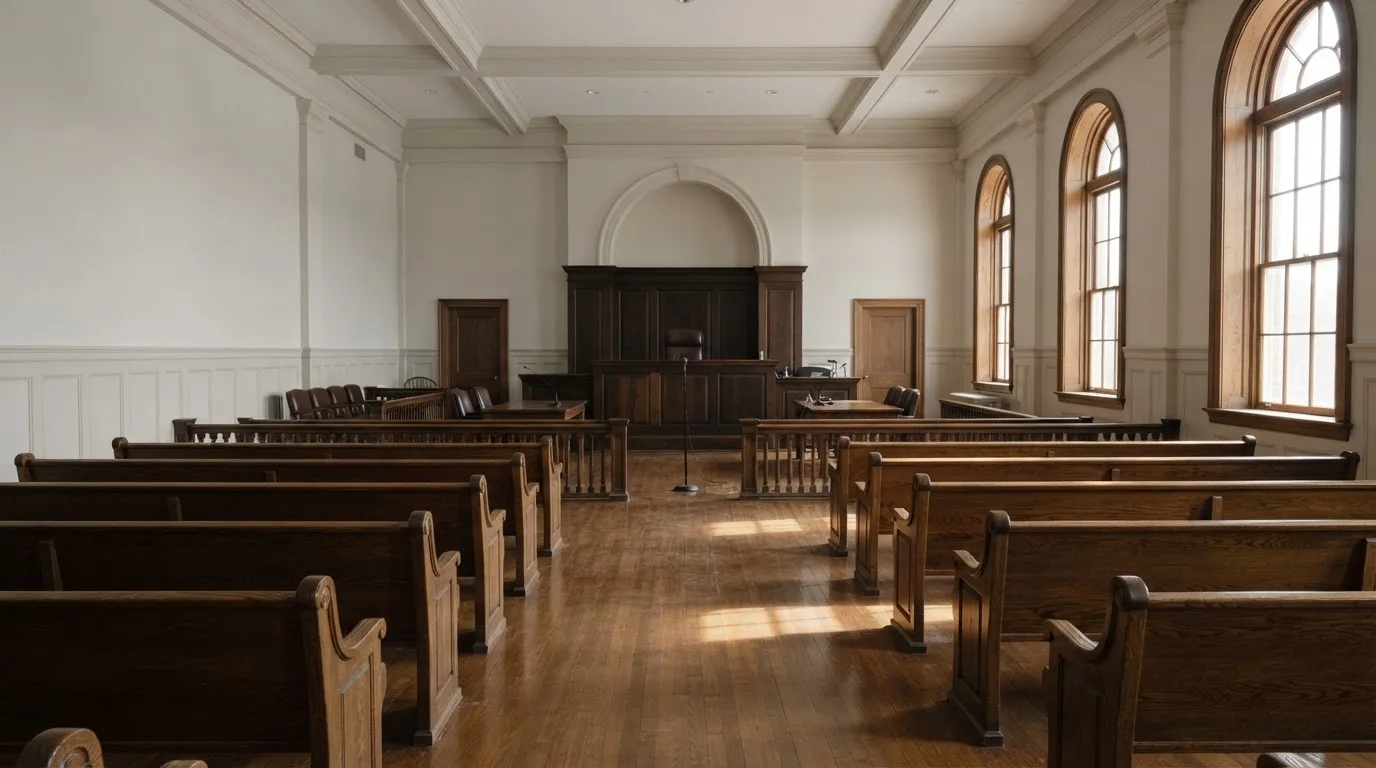 Una sala de tribunal vacía con bancos de madera a la luz de la mañana