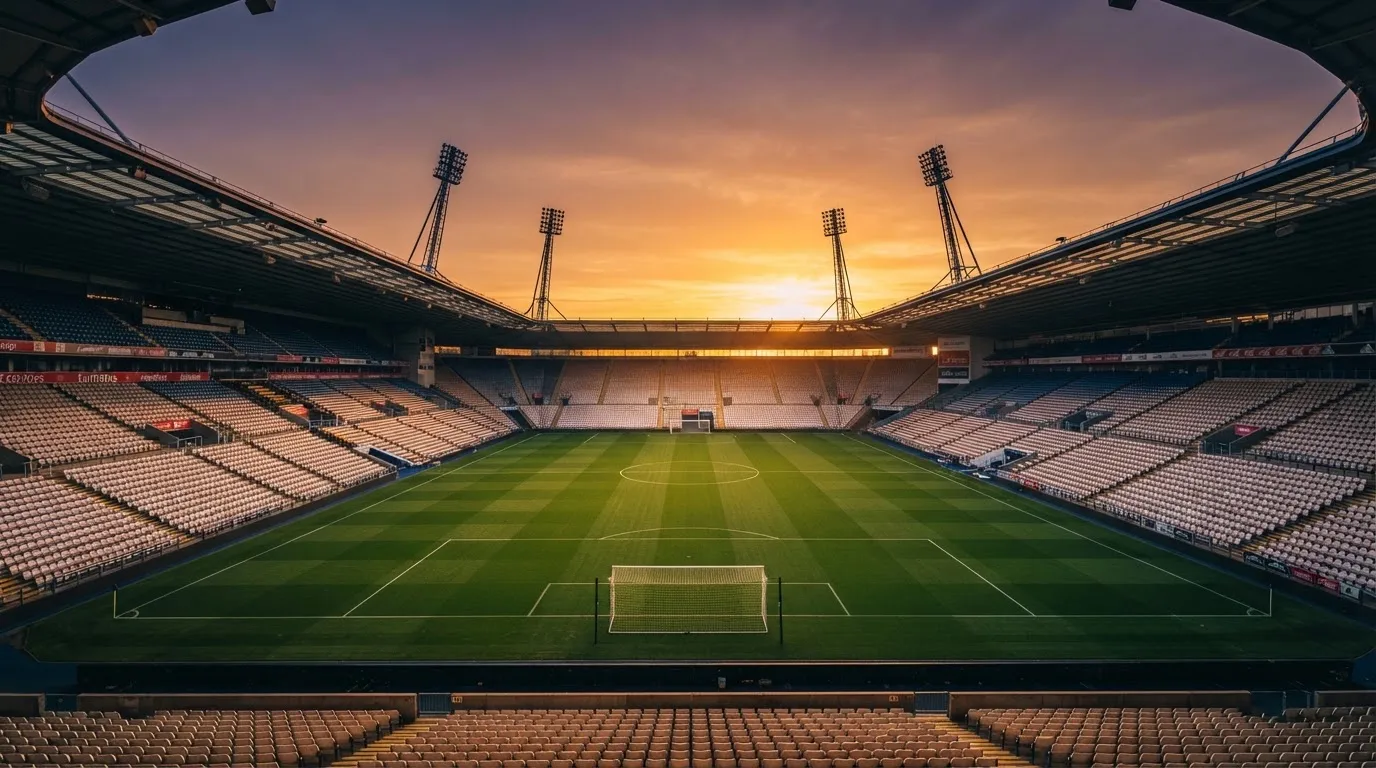 Un estadio de fútbol vacío con torres de iluminación al atardecer