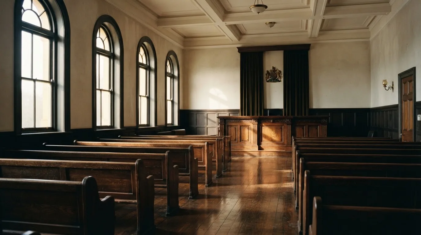 Una sala de tribunal vacía con bancos de madera a la luz de la mañana