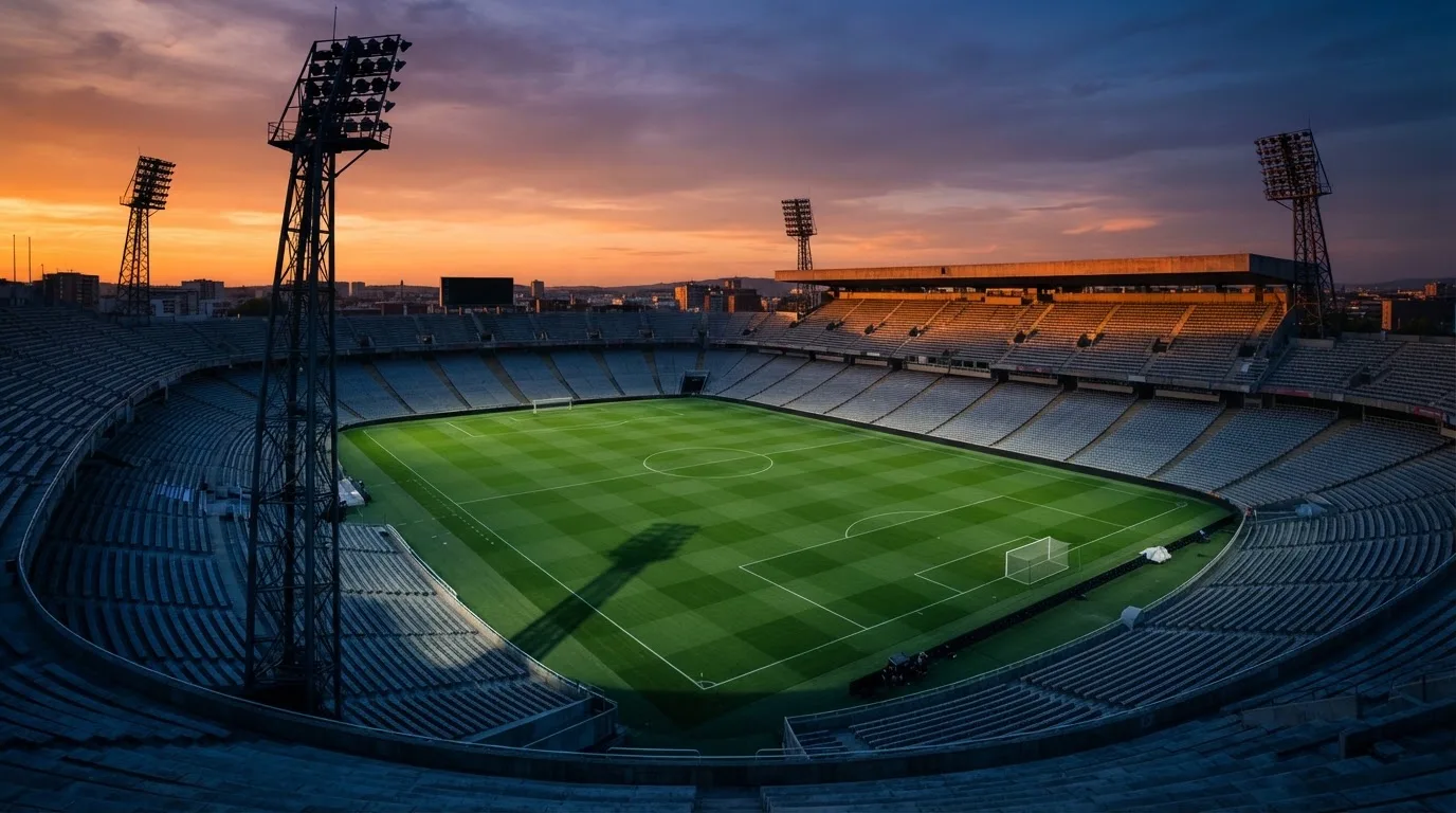 Un estadio de fútbol vacío con torres de iluminación al atardecer