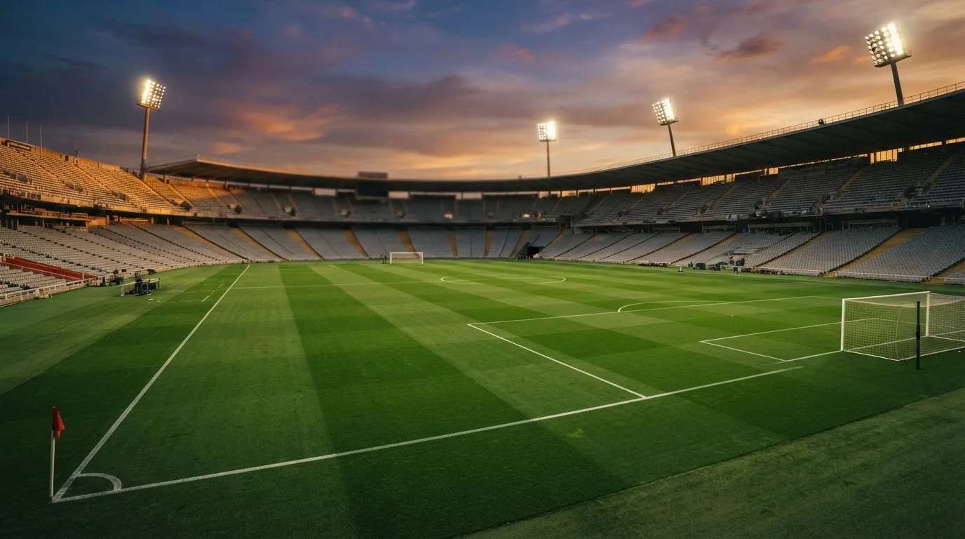 Un estadio de fútbol vacío con torres de iluminación al atardecer