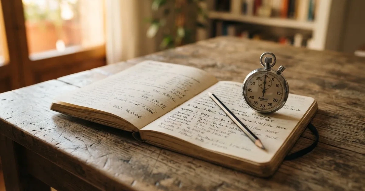 Un cuaderno abierto con un lápiz y un cronómetro sobre una mesa de madera