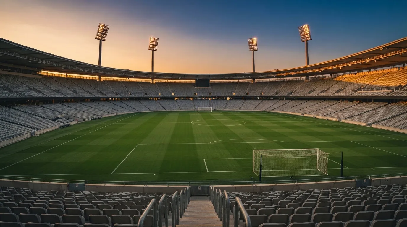 Un estadio de fútbol vacío con torres de iluminación al atardecer
