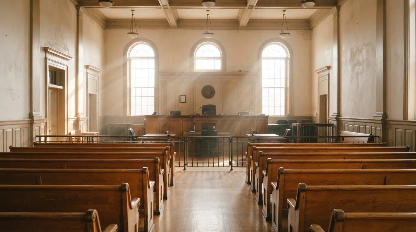Una sala de tribunal vacía con bancos de madera a la luz de la mañana