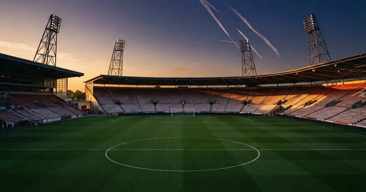 Un estadio de fútbol vacío con torres de iluminación al atardecer