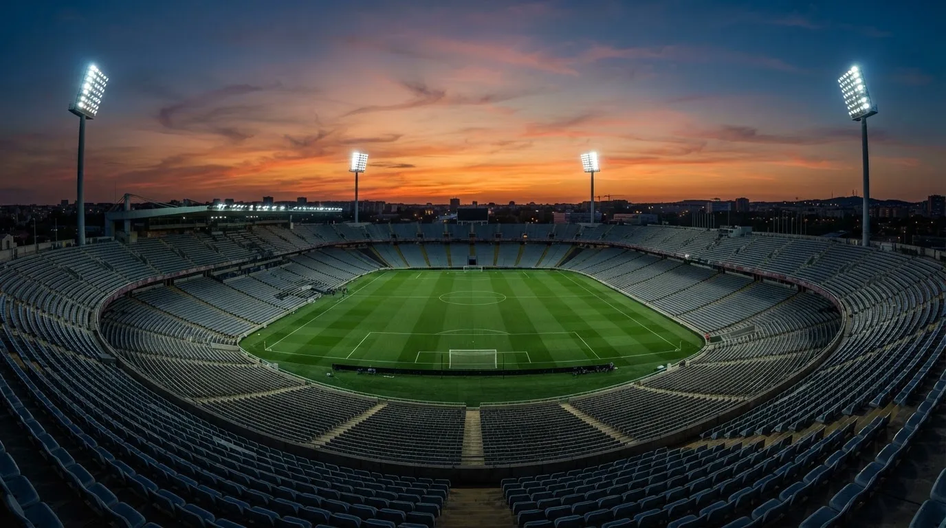 Un estadio de fútbol vacío con torres de iluminación al atardecer