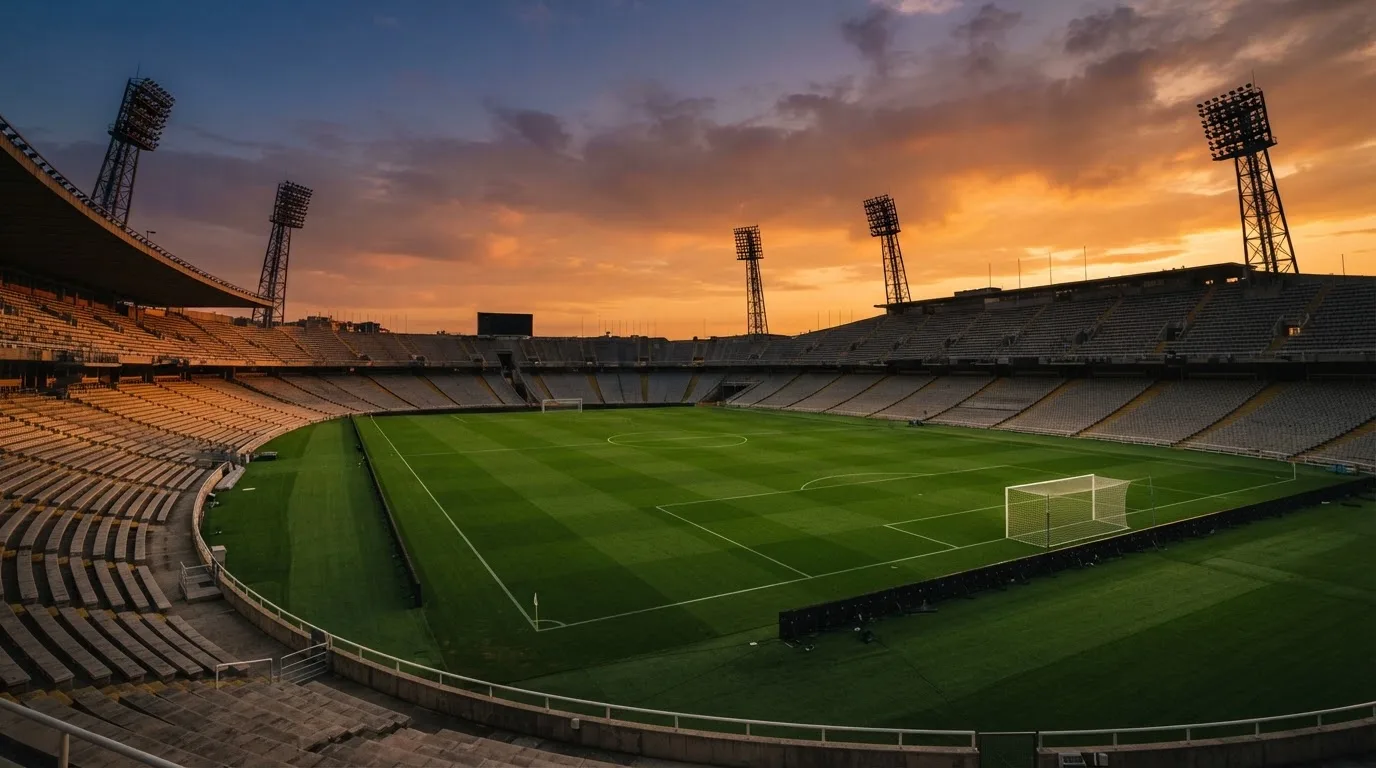 Un estadio de fútbol vacío con torres de iluminación al atardecer