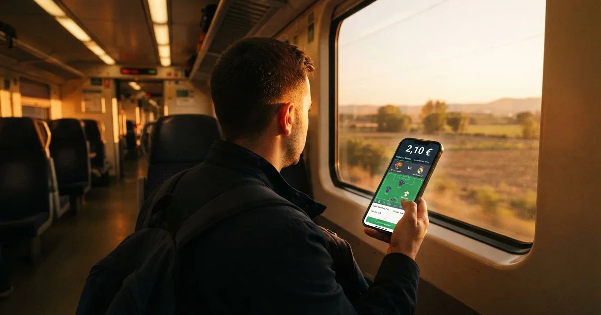 Una mano sostiene un móvil en el tren por la tarde, con la pantalla girada