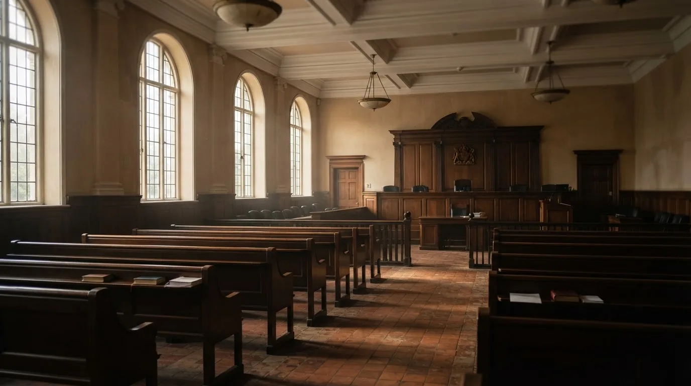 Una sala de tribunal vacía con bancos de madera a la luz de la mañana