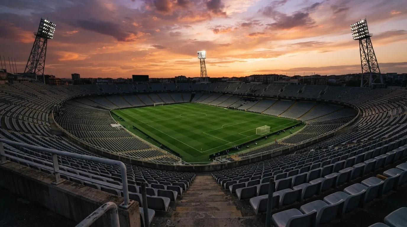 Un estadio de fútbol vacío con torres de iluminación al atardecer