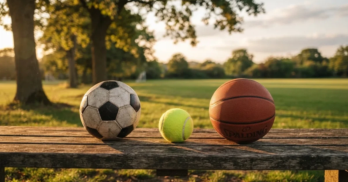 Tres balones de distintos tipos, uno junto a otro, sobre un banco de madera