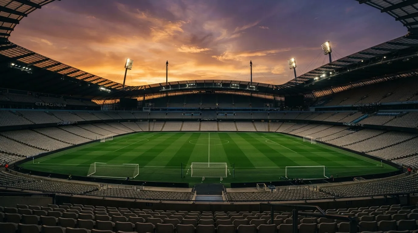 Un estadio de fútbol vacío con torres de iluminación al atardecer