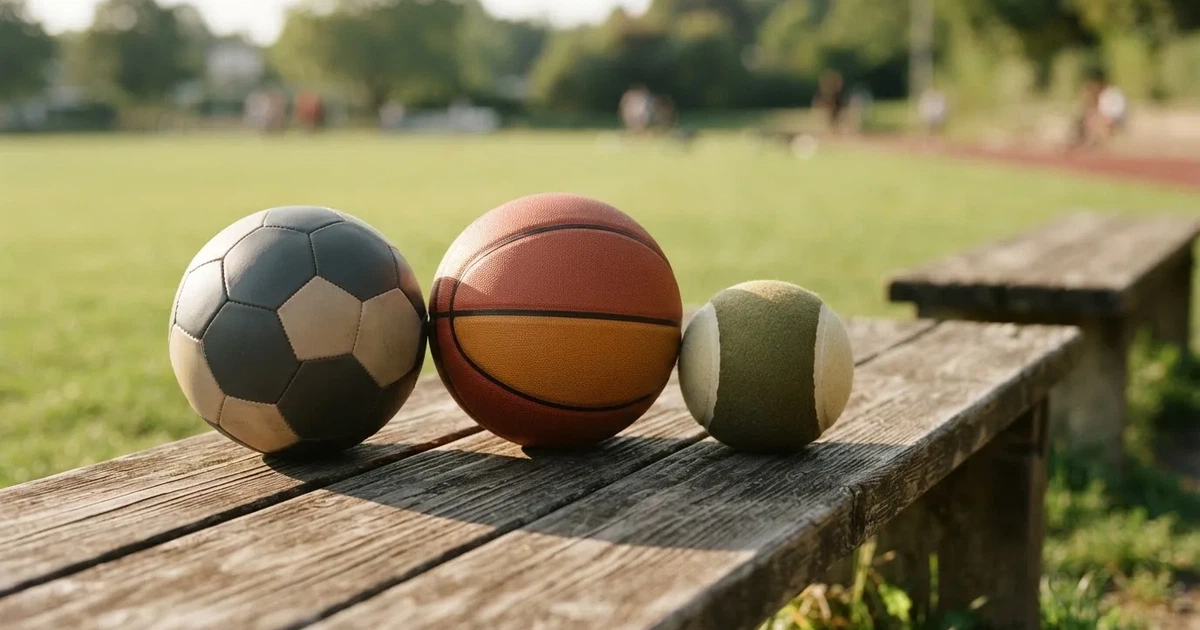 Tres balones de distintos tipos, uno junto a otro, sobre un banco de madera