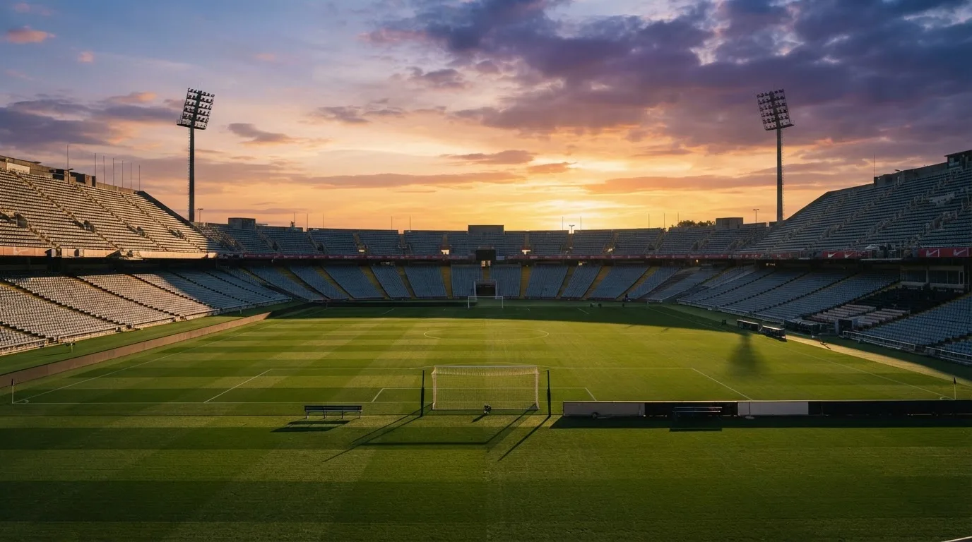 Un estadio de fútbol vacío con torres de iluminación al atardecer