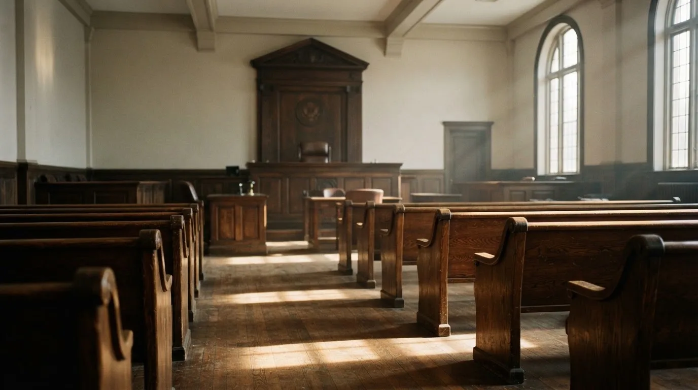 Una sala de tribunal vacía con bancos de madera a la luz de la mañana