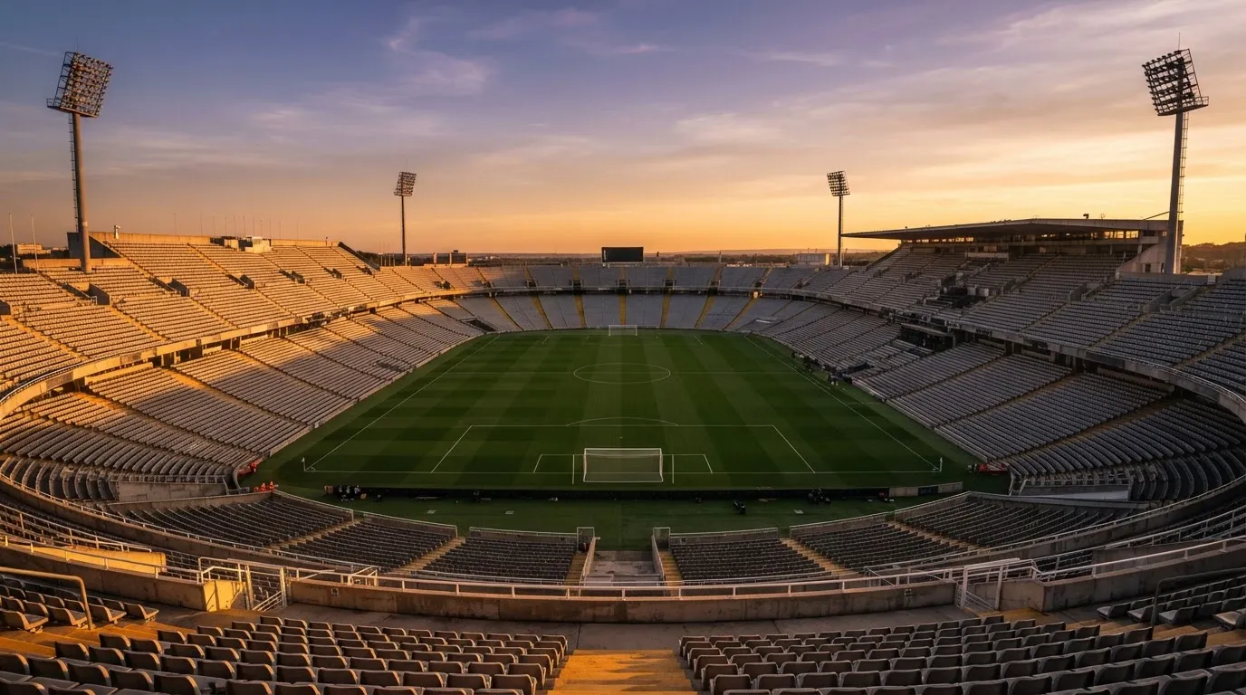 Un estadio de fútbol vacío con torres de iluminación al atardecer