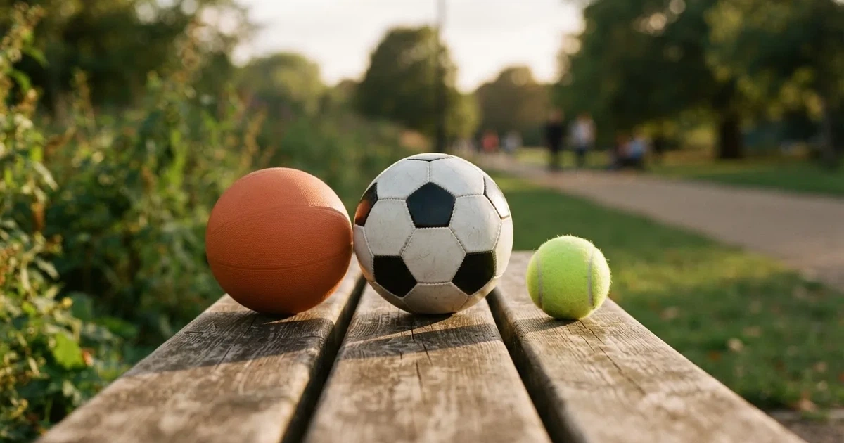 Tres balones de distintos tipos, uno junto a otro, sobre un banco de madera