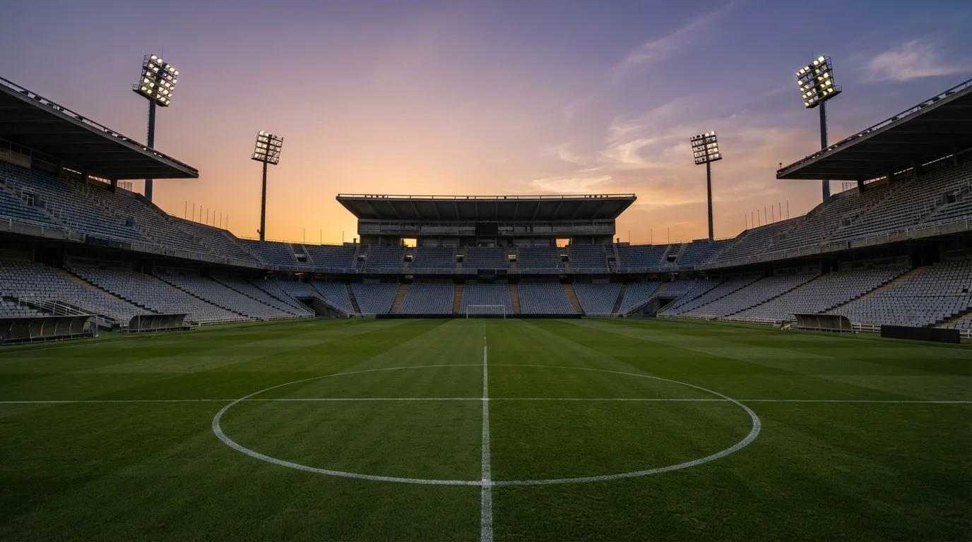 Un estadio de fútbol vacío con torres de iluminación al atardecer
